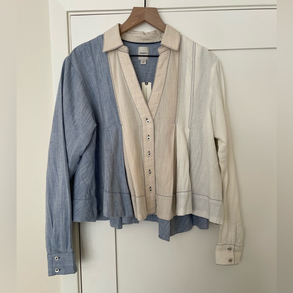 Anthropologie Maeve Light Blue and Cream Button Front Shirt
